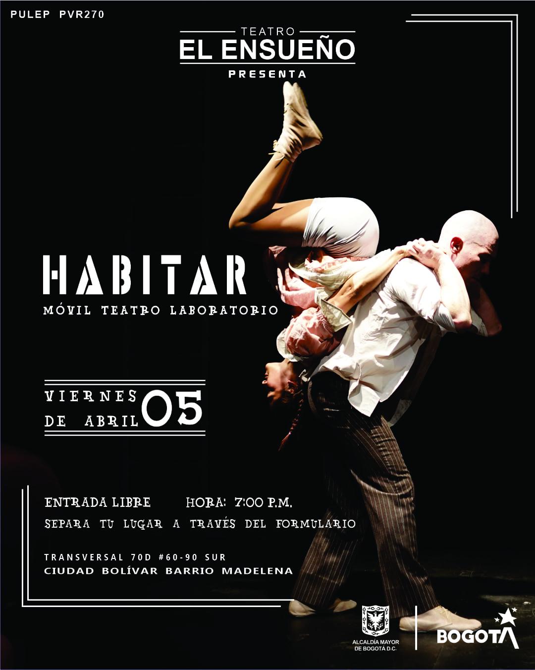 Imagen fondo negro con un hombre sosteniendo a una mujer en su espalda. Teatro El Ensueño obra Habitar el 5 de abril a las 7:00 p.m.